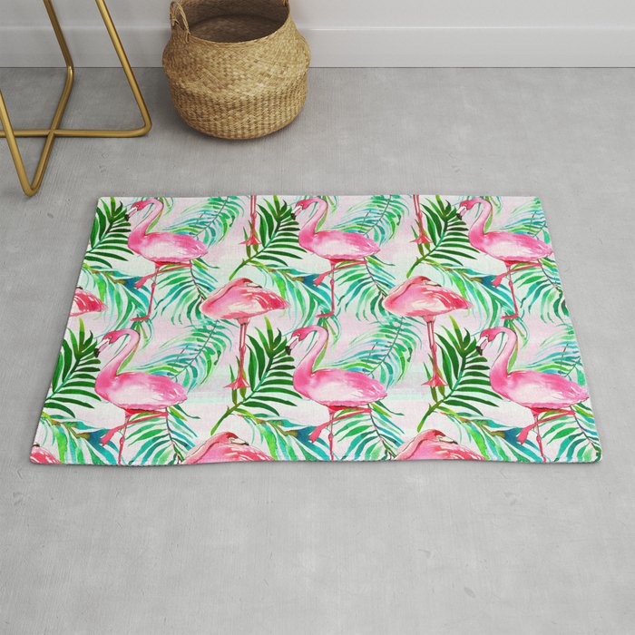 Pink Forest Green Tropical Flamingo Watercolor Fl Rug By Pink Forest Green Tropical Flamingo Watercolor Fl Rug