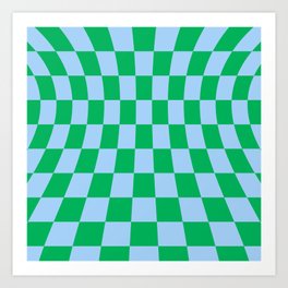 Green and Blue Warped Checker Pattern Art Print