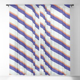 [ Thumbnail: Tan, Red, Blue & Mint Cream Colored Stripes/Lines Pattern Sheer Curtain ]