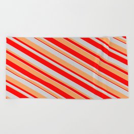 [ Thumbnail: Light Grey, Brown & Red Colored Lines Pattern Beach Towel ]