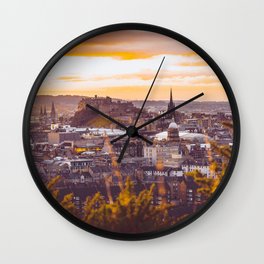 Sundown in Edinburgh city and castle from king arthur seat hill Wall Clock