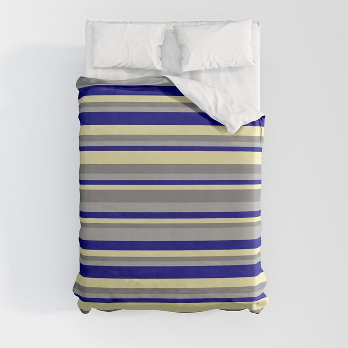 Dark Gray, Blue, Pale Goldenrod, and Gray Colored Striped Pattern Duvet Cover
