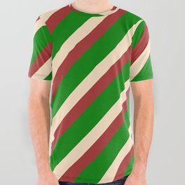 [ Thumbnail: Brown, Green & Bisque Colored Stripes Pattern All Over Graphic Tee ]