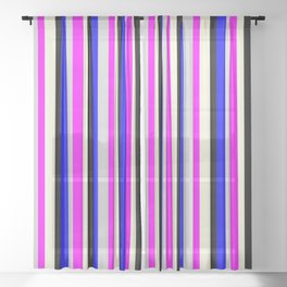 [ Thumbnail: Colorful Light Grey, Blue, Black, Beige, and Fuchsia Colored Stripes Pattern Sheer Curtain ]
