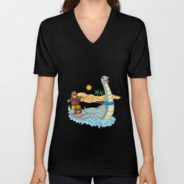 Bigfoot Riding Loch Ness V Neck T Shirt