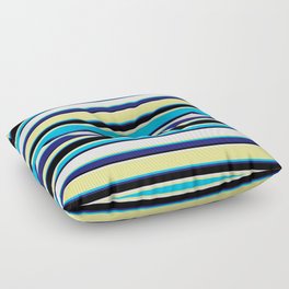 [ Thumbnail: Tan, Deep Sky Blue, Midnight Blue, Black & White Colored Lines Pattern Floor Pillow ]