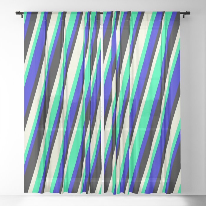 Beige, Green, Blue, and Black Colored Striped/Lined Pattern Sheer Curtain