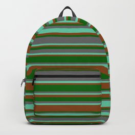 [ Thumbnail: Brown, Dark Green, Dim Grey & Aquamarine Colored Lined/Striped Pattern Backpack ]