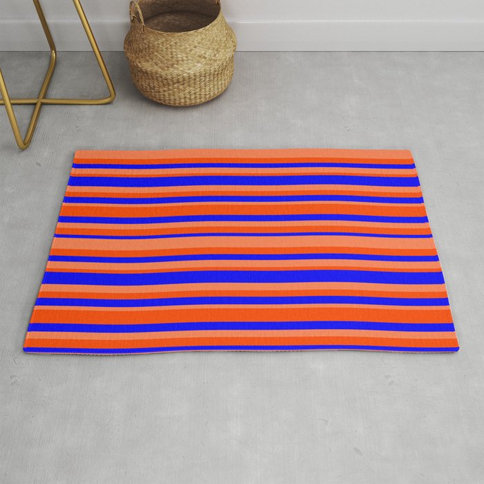 Blue, Coral & Red Colored Striped Pattern Rug