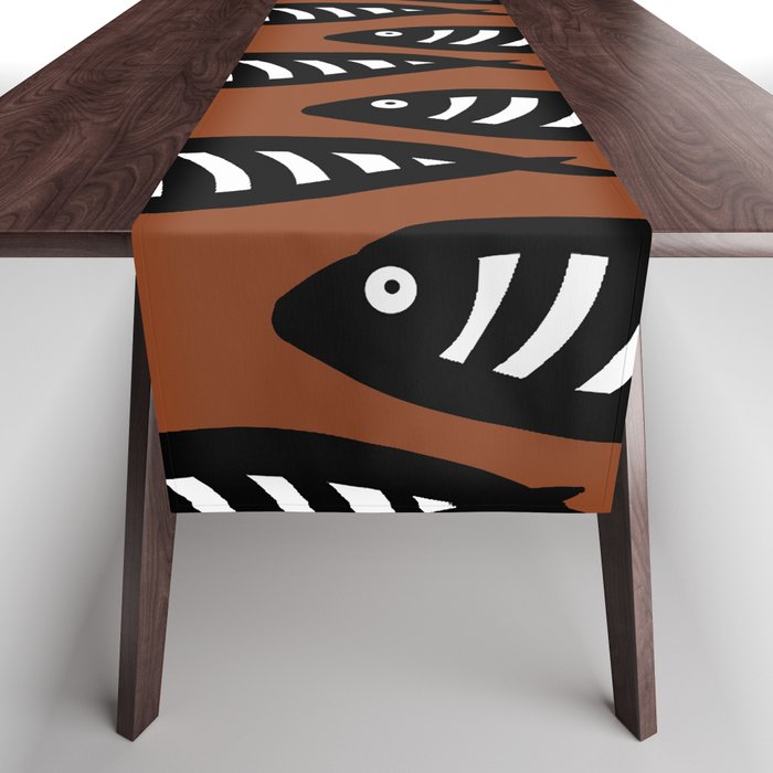 Abstract black and white fish pattern Brown Table Runner