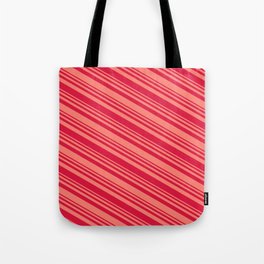 [ Thumbnail: Salmon & Crimson Colored Striped/Lined Pattern Tote Bag ]