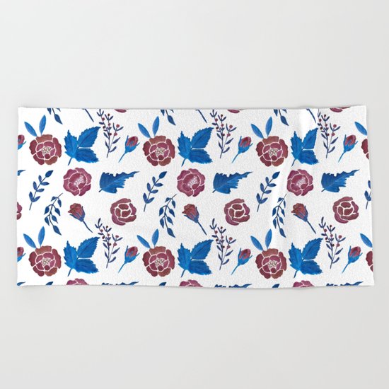 Watercolor floral red roses print Beach Towel