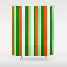[ Thumbnail: Light Green, Light Cyan, Green & Red Colored Pattern of Stripes Shower Curtain ]