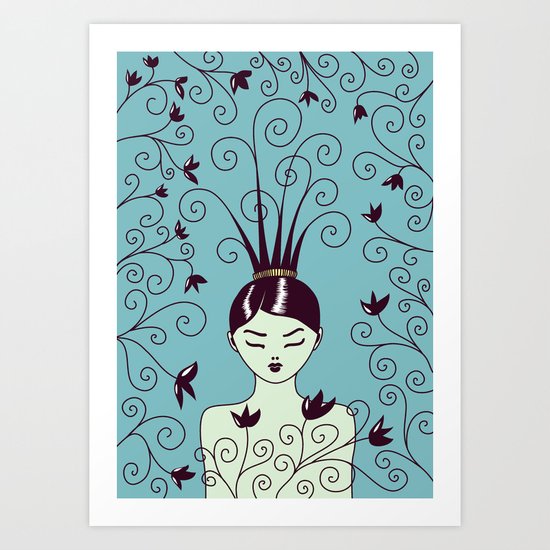 Strange Hair And Flowery Swirls Art Print