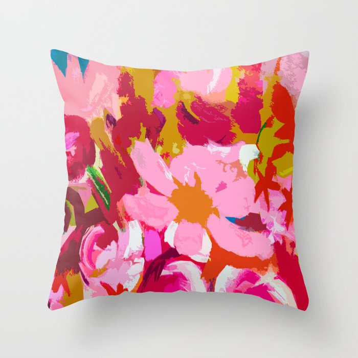 Abstracted Flower Painting in Hot Pink, red, spring green Throw Pillow