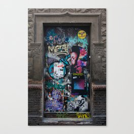 Colorful Graffiti and Posters on a Door Canvas Print