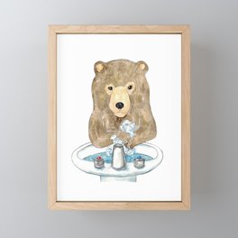 Bear washing hands bath watercolor painting Framed Mini Art Print