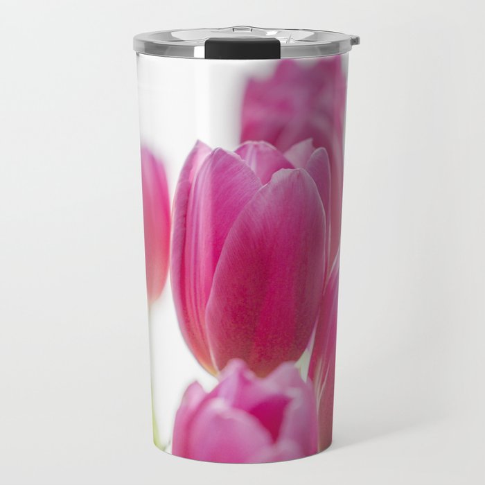 Summer floral bright pink tulips art print - spring flowers green leaves - nature photography Travel Mug