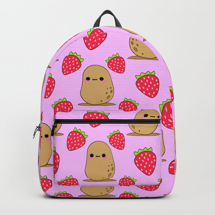 Cute funny sweet adorable little baby potatoes and red ripe summer strawberries cartoon light pastel pink pattern design Backpack