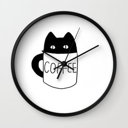 coffee cat4 Wall Clock | Black and White, Coffee, Pop Upart, Cat, Drawing, Digital 
