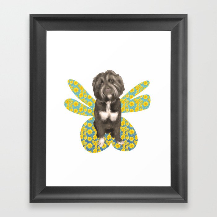 Cute Fluffy Dog Portrait with Big Colorful Wings Framed Art Print