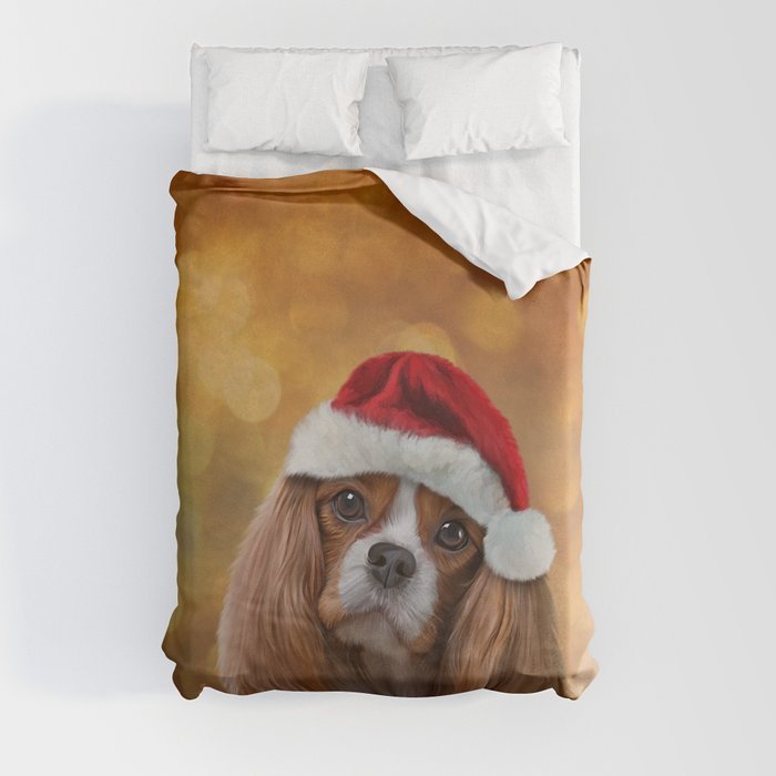 Drawing Dog breed Cavalier King Charles Spaniel  in red hat of Santa Claus Duvet Cover