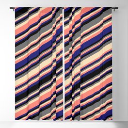 [ Thumbnail: Vibrant Black, Dim Gray, Tan, Salmon & Midnight Blue Colored Stripes Pattern Blackout Curtain ]