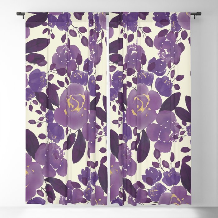 Elegant ivory gold lavender purple watercolor floral  Blackout Curtain