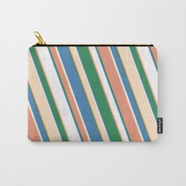 [ Thumbnail: Eye-catching Dark Salmon, Sea Green, Blue, White, and Bisque Colored Stripes Pattern Carry-All Pouch ]