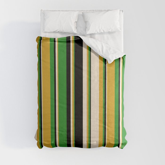 Goldenrod, Beige, Black & Forest Green Colored Striped Pattern Comforter