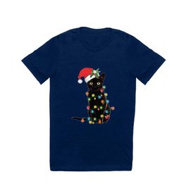 Santa Black Cat Tangled Up In Lights Christmas Santa Graphic T Shirt
