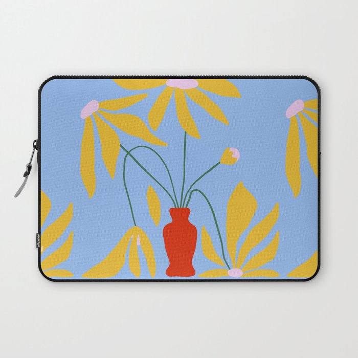 Swirly Floral Illustration in Mustard on Baby Blue Laptop Sleeve