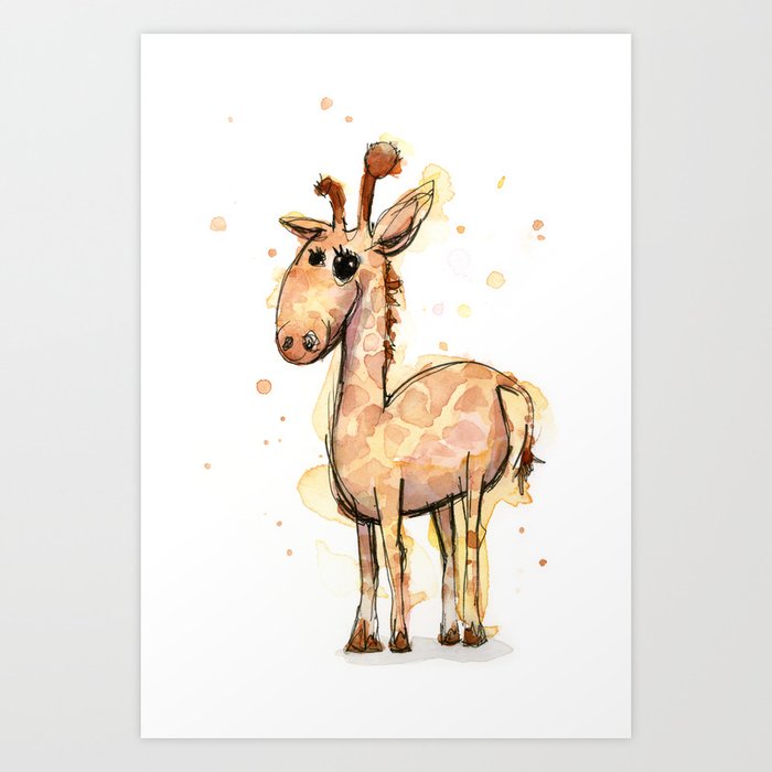 Giraffe Funny Watercolor Painting  Art Print