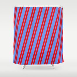 [ Thumbnail: Red and Cornflower Blue Colored Lines Pattern Shower Curtain ]