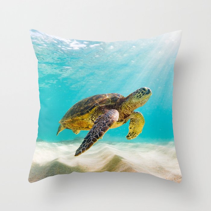 Hawaiian Green Sea Turtle In Turquoise Blue Sea and Sandbars - Coastal Sea Life / Marine Life / Animal / Wildlife / Nature Photograph Throw Pillow and more