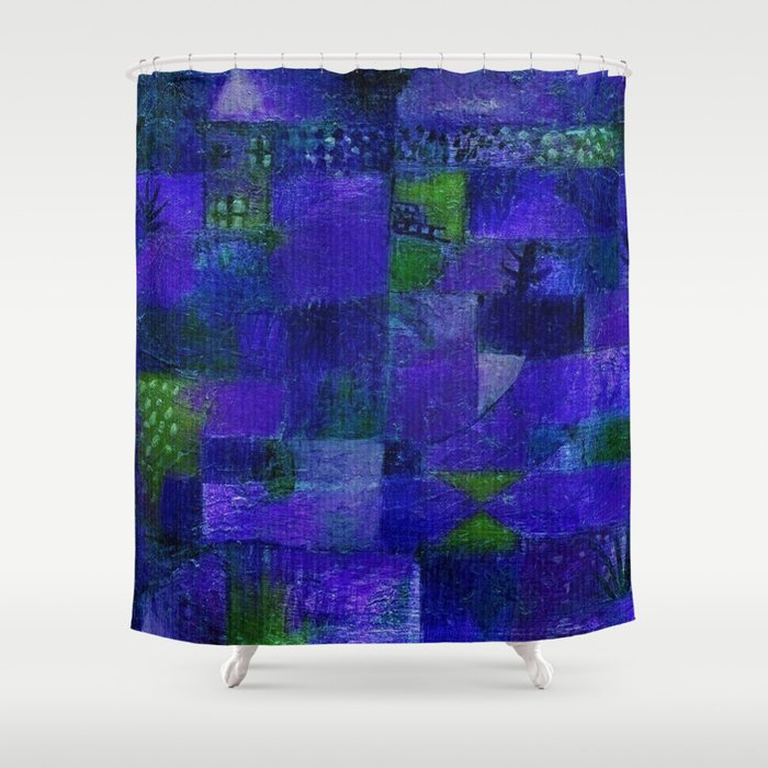 Terraced garden tropical floral midnight Egyptian blue abstract landscape painting by Paul Klee Shower Curtain