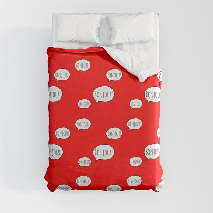 Cheerful BONJOUR! with white cartoon speech bubble on bright comic book red (Francais / French) Duvet Cover