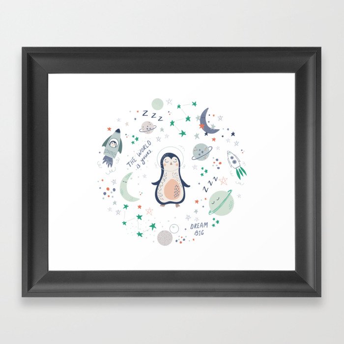 Cute baby space set with penguins, stars and planets Framed Art Print