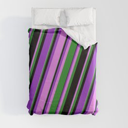 [ Thumbnail: Dark Orchid, Violet, Forest Green, and Black Colored Lines Pattern Duvet Cover ]