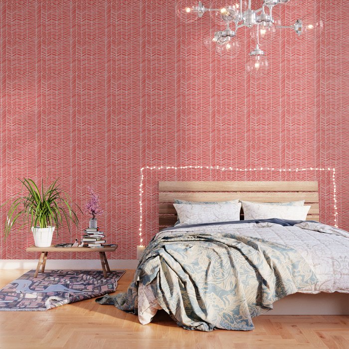 Coral Herringbone Wallpaper by Cat Coquillette Society6