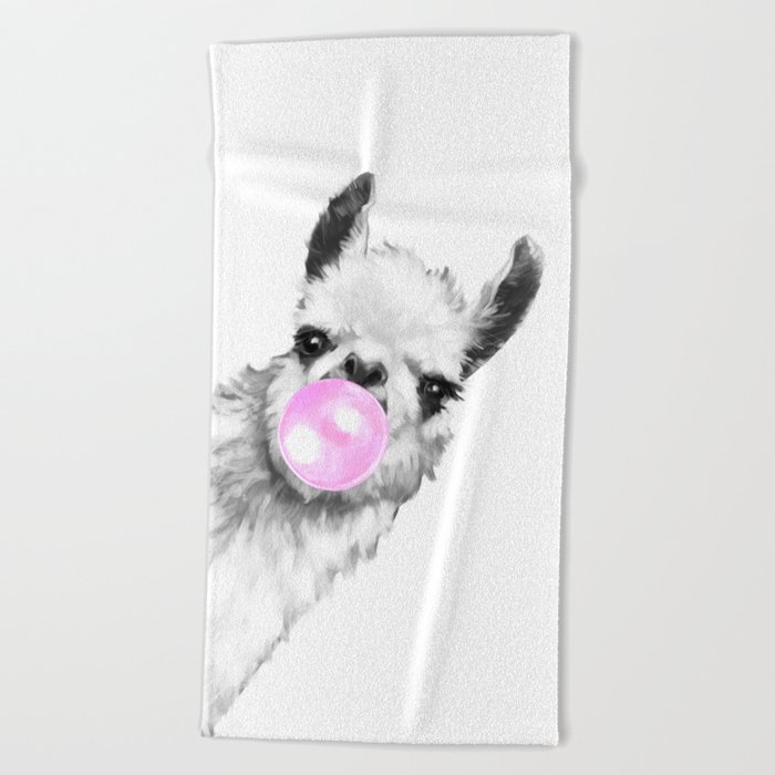 Bubble Gum Sneaky Llama Black and White Beach Towel