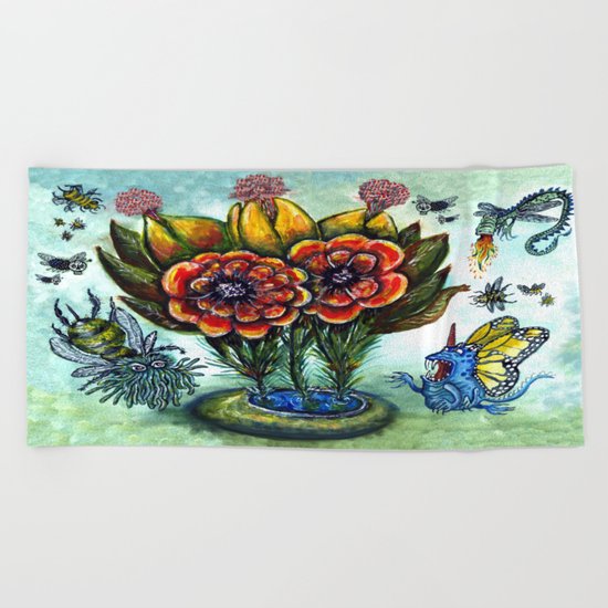 Surreal watercolor flowers and bugs Beach Towel