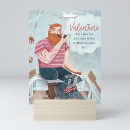 Valentine man sailor captain & dog in boat Mini Art Print