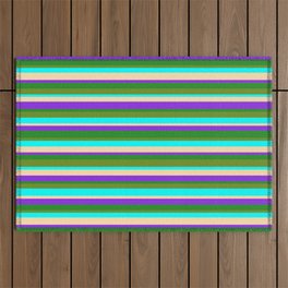 [ Thumbnail: Vibrant Tan, Purple, Forest Green, Green & Aqua Colored Striped/Lined Pattern Outdoor Rug ]