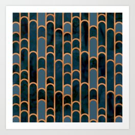 Art Deco Blue Teal Marble and Metallic Copper Marbled Pattern Art Print