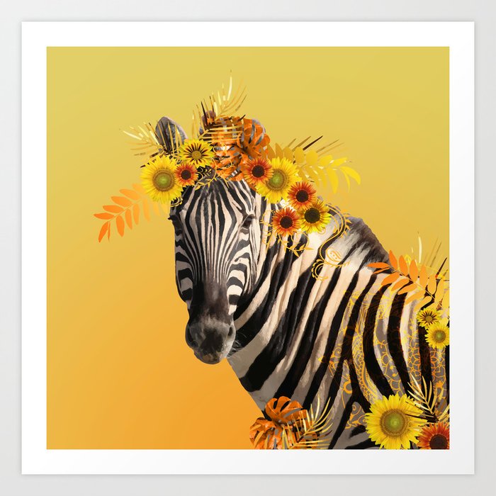 Zebra Sunflower Fantasy Artwork yellow orange  Art Print