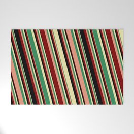 [ Thumbnail: Vibrant Pale Goldenrod, Sea Green, Dark Salmon, Maroon, and Black Colored Striped Pattern Welcome Mat ]