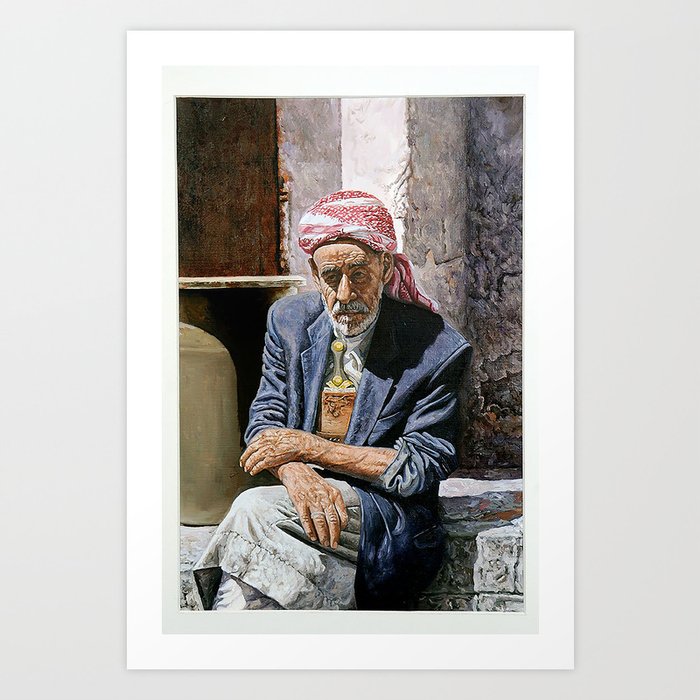 Art Oil Painting Yemeni Old Man Sitting And Thinking Middel East Man Art Print By Gomeans Society6