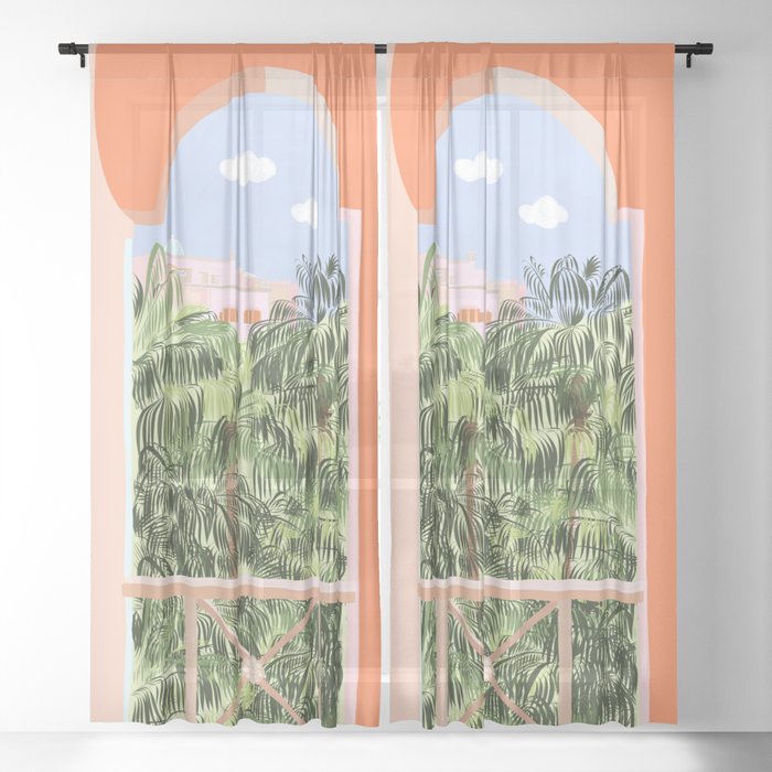 Summer Travel, Tropical Nature Palm Trees, Modern Architecture Palace Illustration Painting Sheer Curtain