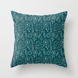 Teal Blue And White Hand Drawn Boho Pattern Throw Pillow